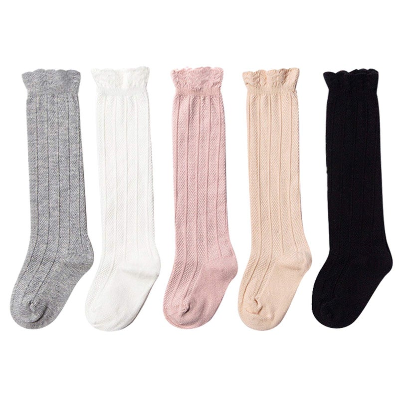 EPEIUS 5 Pair Pack Little Girls Boys Seamless Uniform Knee High Socks Kids Girls Tube Ruffled Stockings for 2-4 Years,White/Black/Grey/Pink/Beige - Image 1